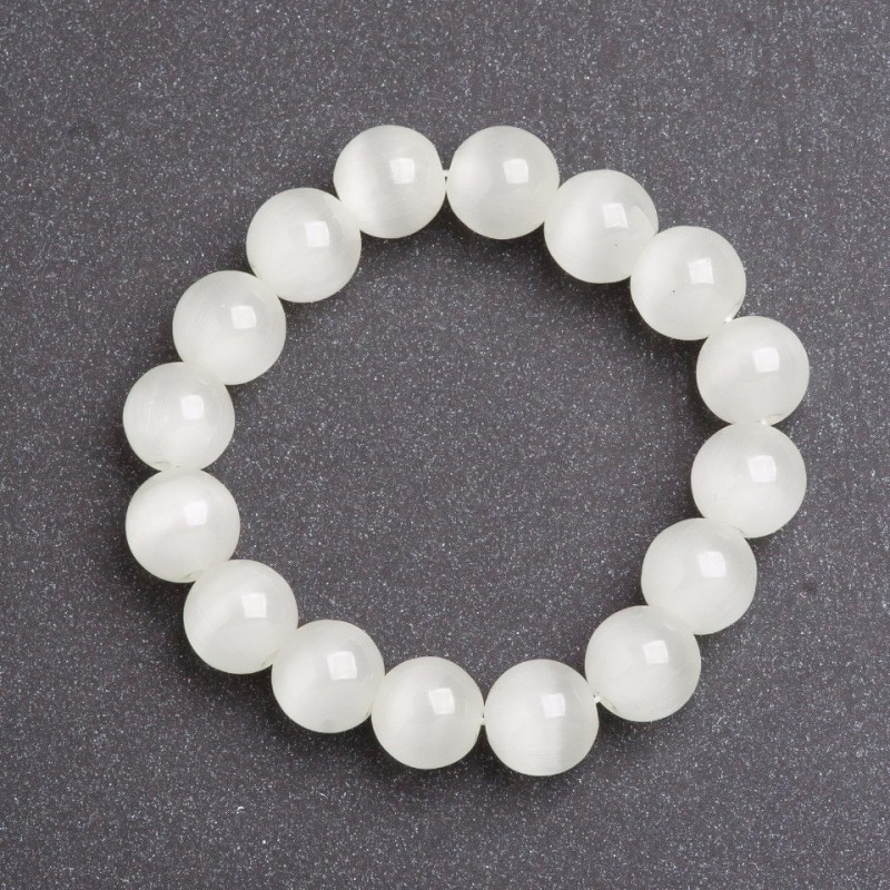 Women's White Cat's Eye Stone Bracelet, 10mm Diameter on Elastic, 18cm Length