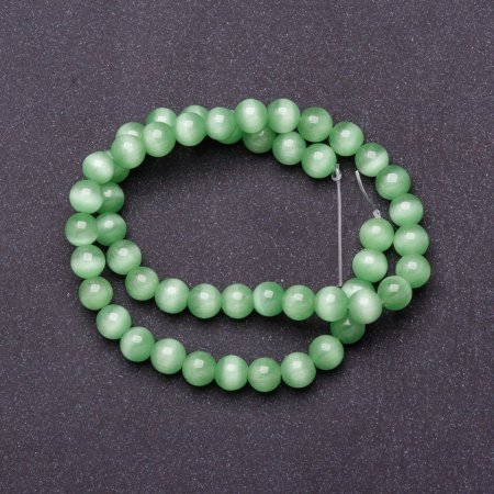 Natural Stone Beads on Thread, Light Green Cat's Eye, Diameter 8mm, Length 37cm