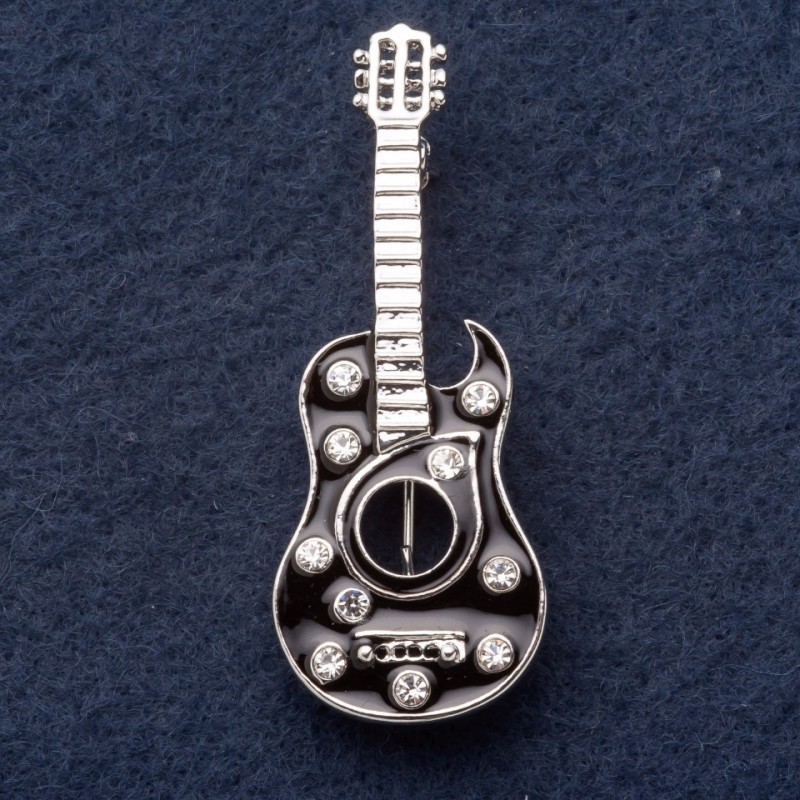 Brooch "Banderas Guitar" 5×2cm Black Enamel, Grey Metal