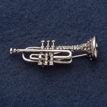 Brooch "Trumpet" 5×1.5cm Rhinestones, Grey Metal
