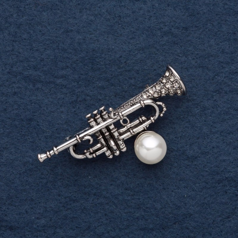 Brooch "Trumpet" 5.5x2cm light grey metal