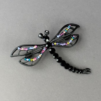 Brooch "Dragonfly Queen of the Night" 5×6cm Black Metal, Coloured Rhinestones