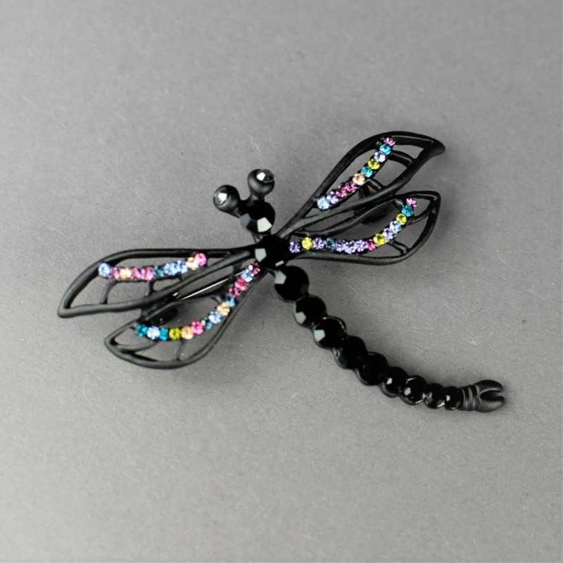 Brooch "Dragonfly Queen of the Night" 5×6cm Black Metal, Coloured Rhinestones
