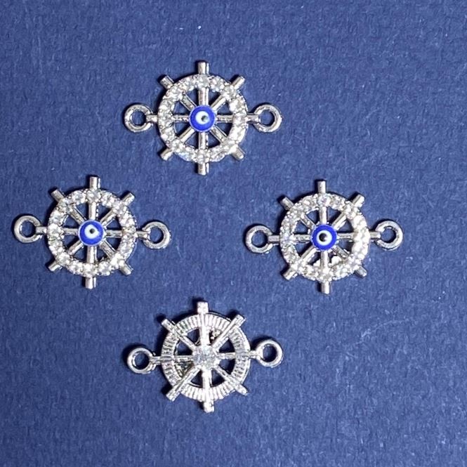 Pendant Connector Finding, Rhinestone Eye "Ship's Wheel", 1.5x2cm, Silver-Tone, Pack of 4