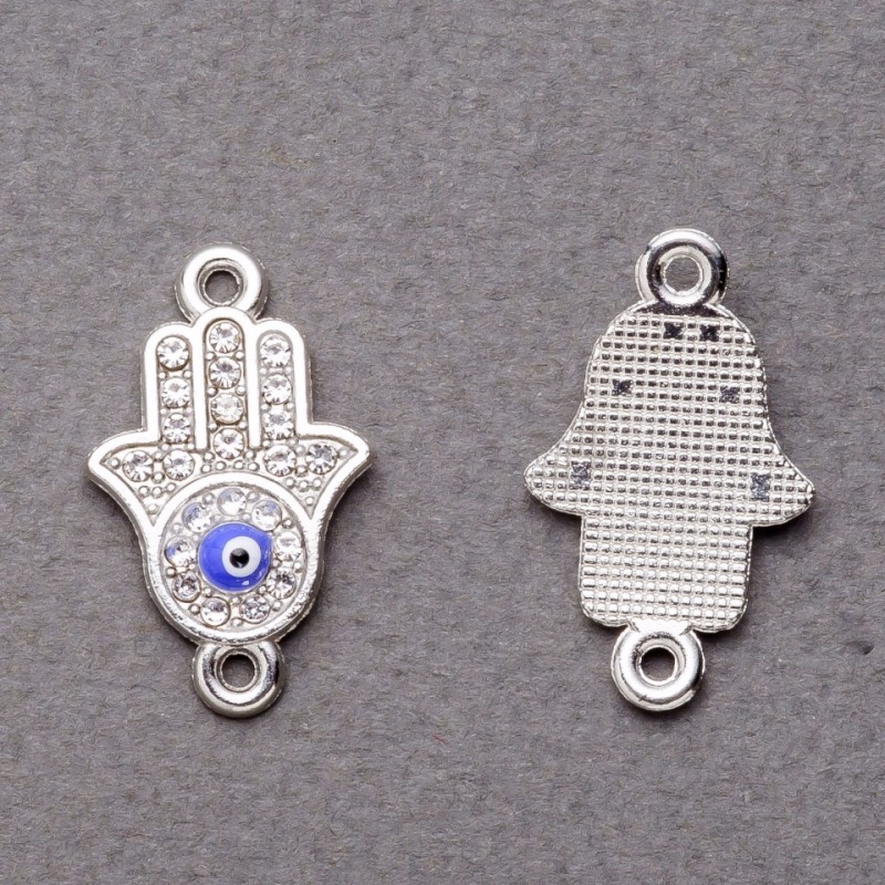 Pendant Connector Finding, Rhinestone Eye "Hamsa Hand", Silver-Tone, 2.5x1.3cm, Pack of 3