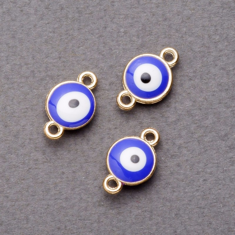 Findings Pendant Connector "Eye", blue enamel, 10mm, gold-tone, pack of 4pcs