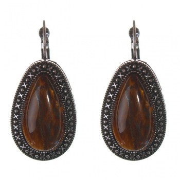 Clearance. Tiger's Eye Earrings with Point-Cross Frame, Drop Stone 3×2 cm, Length 4 cm