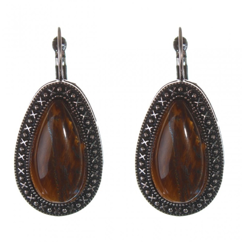 Clearance. Tiger's Eye Earrings with Point-Cross Frame, Drop Stone 3×2 cm, Length 4 cm