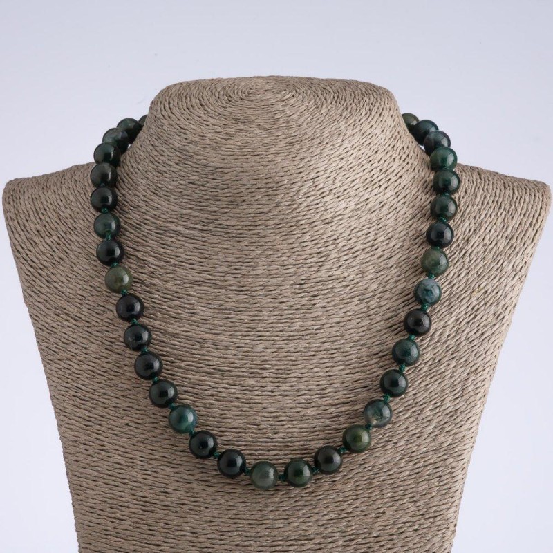 Moss Agate Natural Stone Necklace, Smooth Bead, 12mm Diameter, 50cm Length