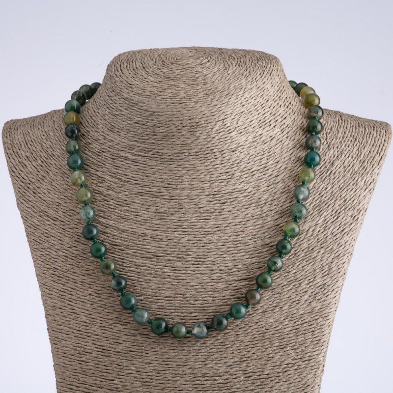 Moss Agate Natural Stone Necklace, Faceted Bead, 10mm Diameter, 45cm Length