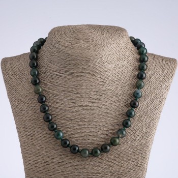 Moss Agate Natural Stone Necklace, Smooth Bead, 10mm Diameter, 50cm Length