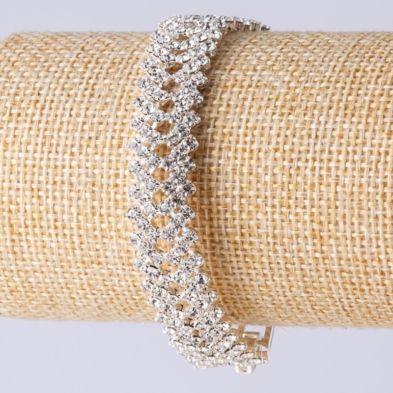 Rhinestone Bracelet with Clasp, Two-Row Double Zigzag, Silver-Coloured Metal, Length 19cm, Width 14mm