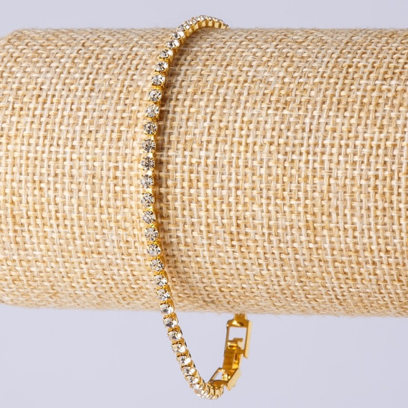 Rhinestone Bracelet with Clasp, Single-Row, Gold-Coloured Metal, Length 20cm, Width 3mm
