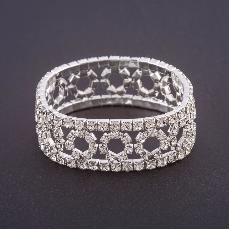 Stretch Rhinestone Bracelet "Rings" Pattern, White Rhinestones, Width 19cm Circumference 18.5cm, Silver-Coloured Metal