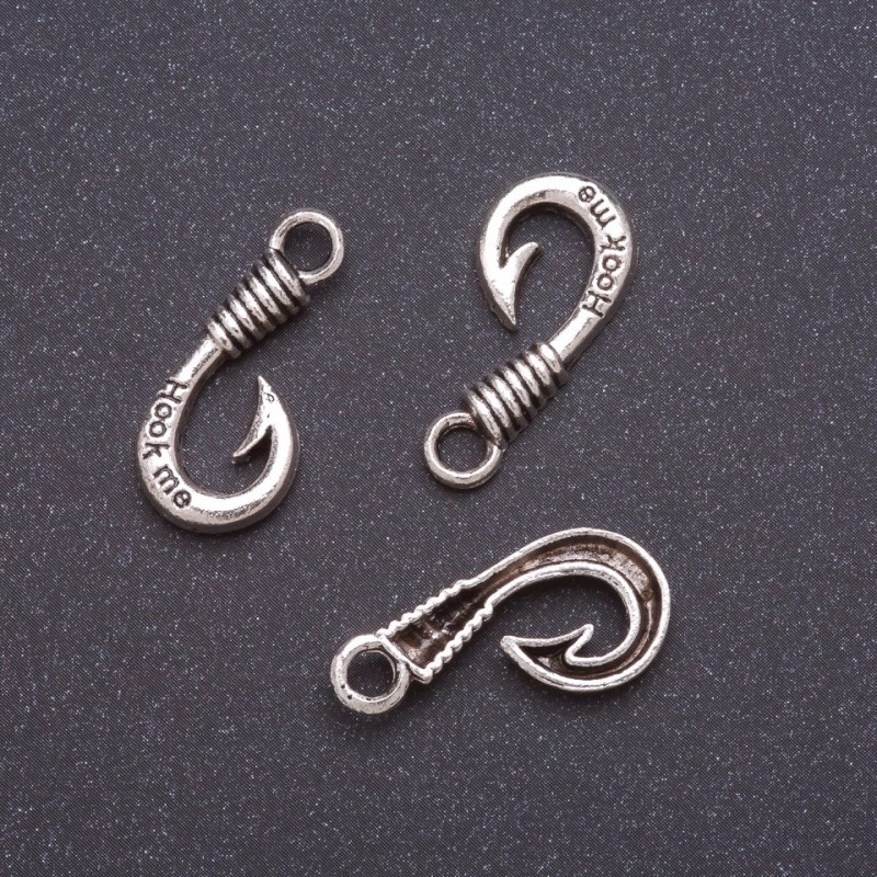Hook Pendant Finding, width 10mm, diameter 4mm L4mm grey metal, pack of 10pcs