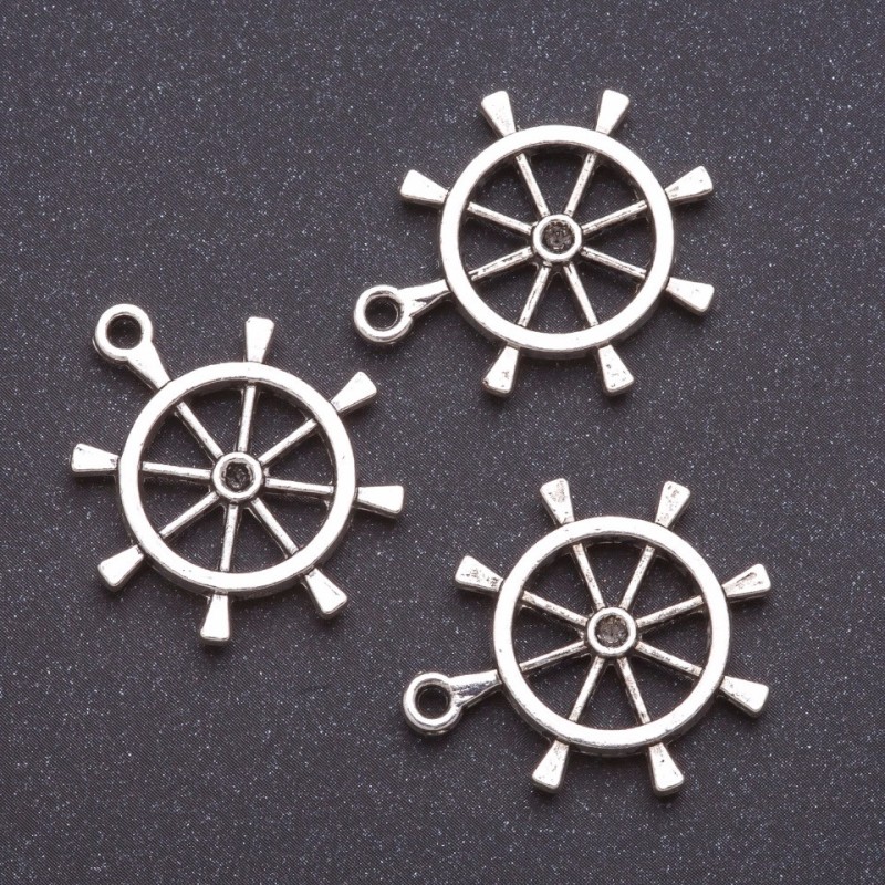 Finding – Ship's Wheel Pendant b4mm dmm L7mm, grey metal, pack 20g +/-7pcs