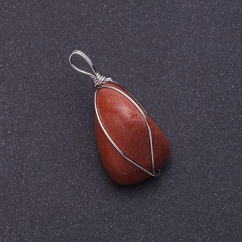 Aventurine Stone Pendant "Golden Sand" in Silver-Tone Wire Wrap, 2.6x2.1cm (+/-)