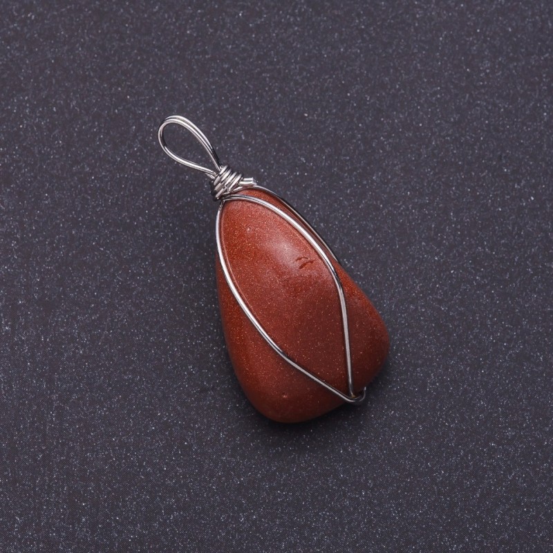 Aventurine Stone Pendant "Golden Sand" in Silver-Tone Wire Wrap, 2.6x2.1cm (+/-)