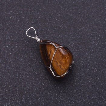 Tiger's Eye Natural Stone Pendant in Silver-Tone Wire Wrap, 2.5x2.2cm (+-)
