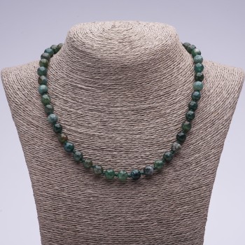 Natural Moss Agate Necklace, faceted round beads, 45cm length, 8mm diameter