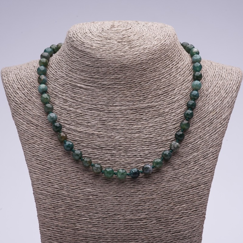 Natural Moss Agate Necklace, faceted round beads, 45cm length, 8mm diameter