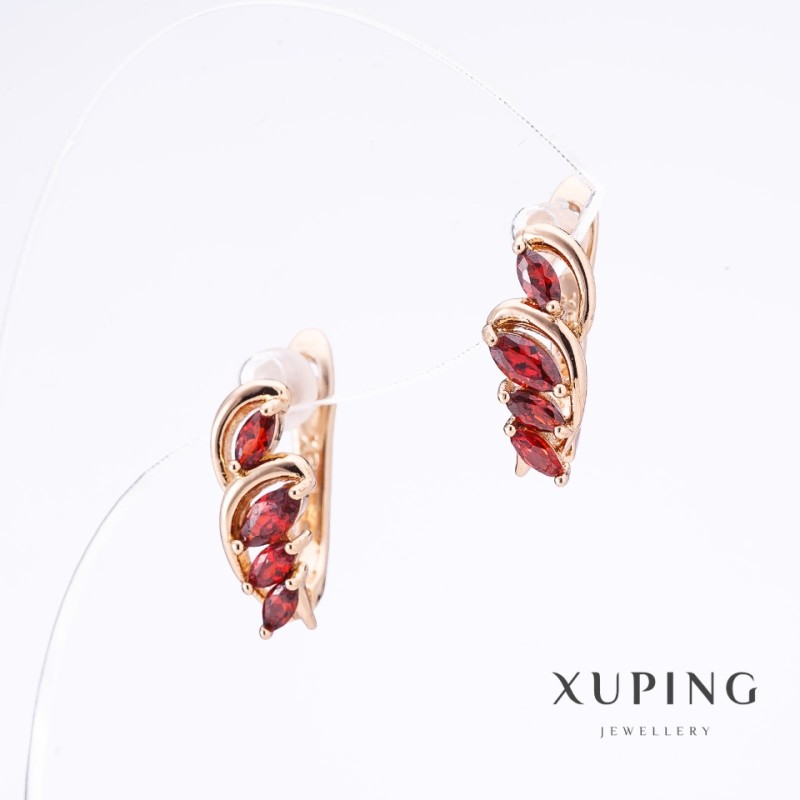 Xuping Earrings Red Stones Gold Plating, Length 1.5cm, Thickness 6mm