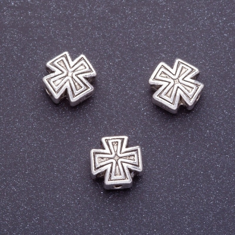 Jewellery Finding Cross Bead Insert, length 10mm, hole ⌀1–1.5mm, silver colour, pack 20g +/- 10pcs