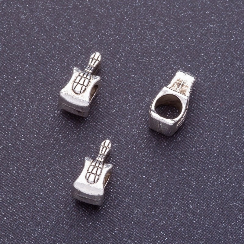 Pandora-Style Bead Insert "Guitar", 11mm Length, 4mm Hole, Silver, 20g Pack 24pcs