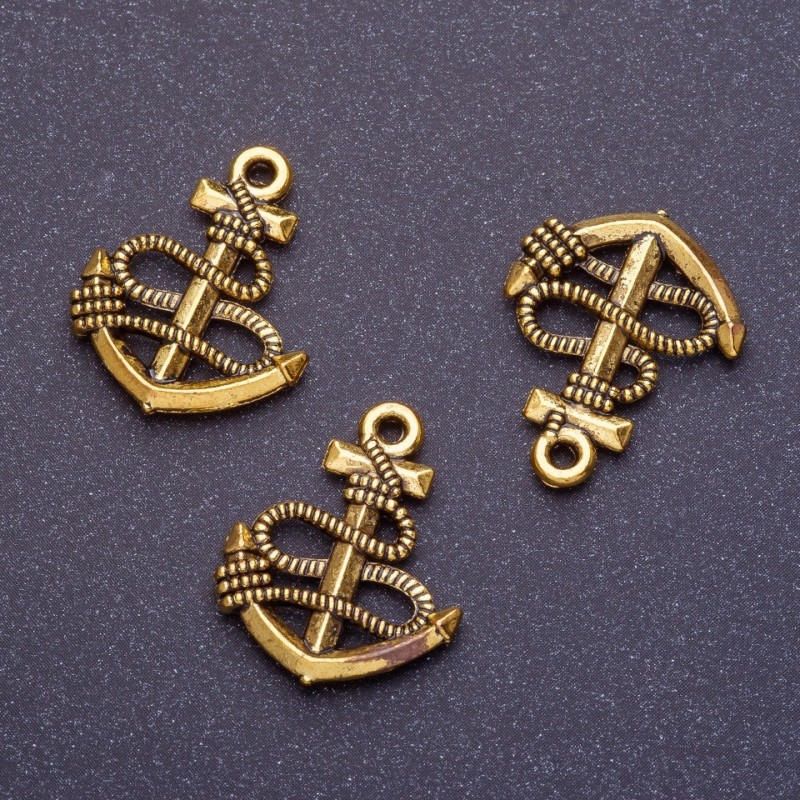 Anchor Pendant Finding, Length 24mm, Hole 1mm, "Antique Gold" Colour, Pack 20g +/-11pcs