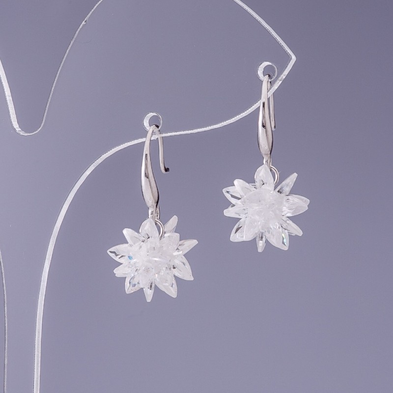 White Crystal Earrings "Snowflakes", diameter 12mm, length 2.5cm