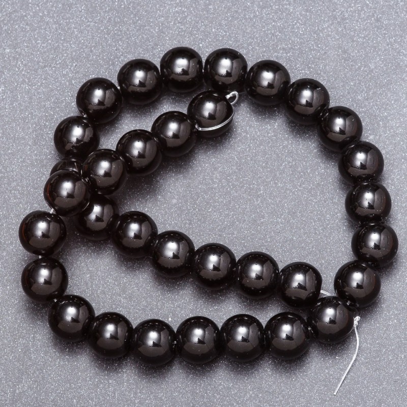 Black Agate (Pressed) Beads on Thread, 12mm Diameter, 37cm Length
