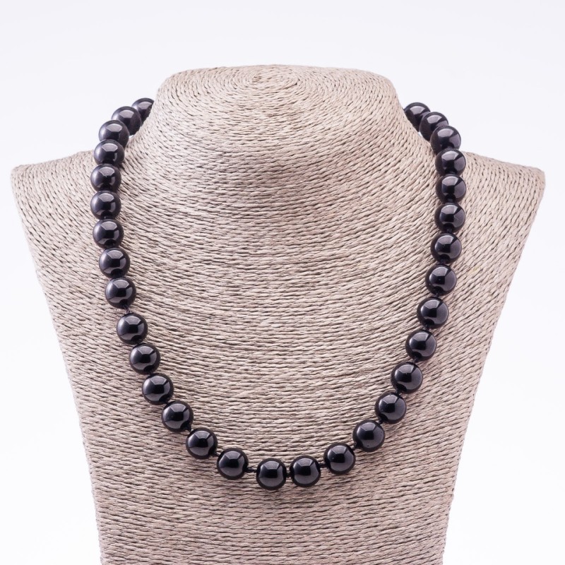 Black Agate (Pressed) Natural Stone Necklace, Smooth Round Beads, Diameter 12mm, Length 46cm