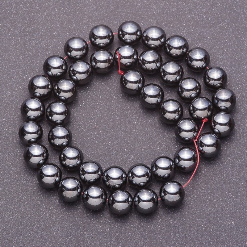 Natural Hematite Stone Beads on Fishing Line, Smooth Bead, 10mm Diameter, 38cm Length