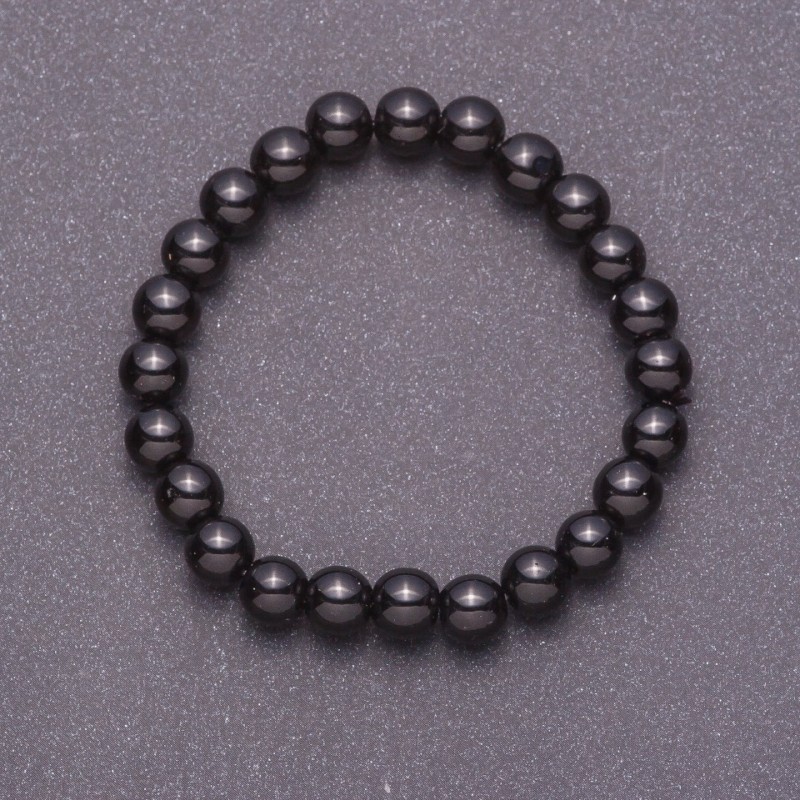Natural Black Agate Bracelet (pressed) smooth round bead, diameter 8mm on elastic circumference 18cm