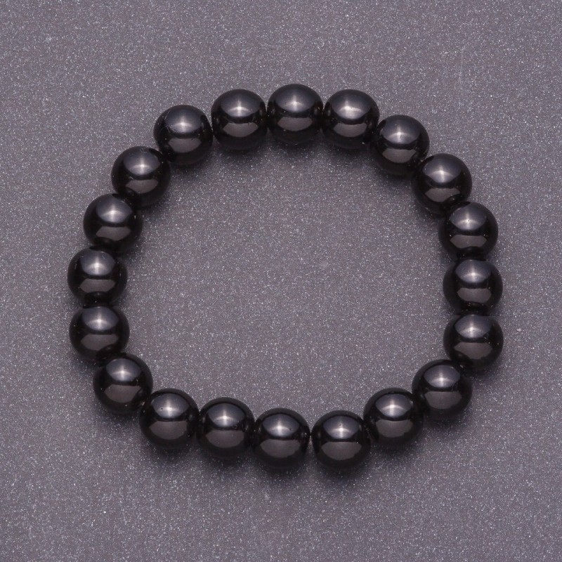 Natural Black Agate (Pressed) Bracelet, smooth round beads, 10mm diameter, on elastic band, 18cm circumference