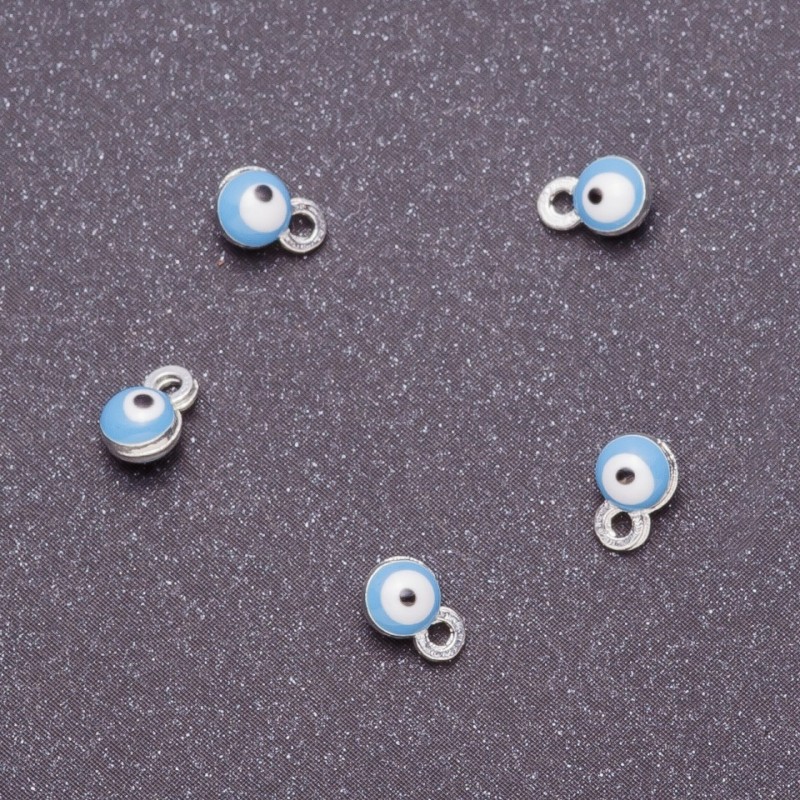 Findings Pendant "Eye", diameter 4mm, length 6mm, light blue enamel, grey metal, pack of 14pcs