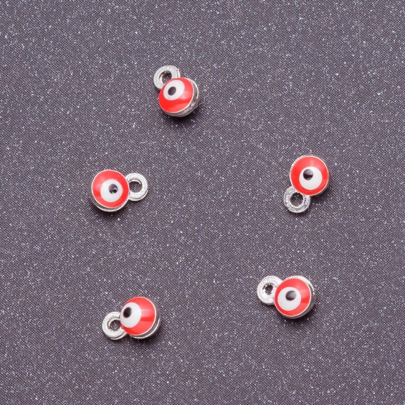 Findings Pendant "Eye", diameter 4mm, length 6mm, red enamel, grey metal, pack of 14pcs