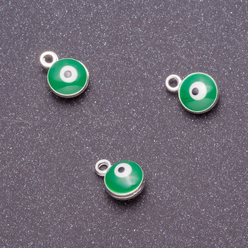 Finding, Eye-shaped Pendant, 7mm diameter, 9mm length, green enamel, grey metal plating, 12 pcs