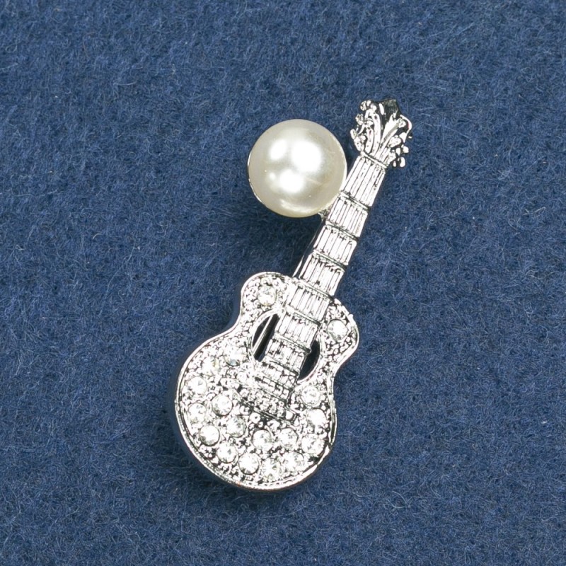 Brooch Guitar with silver-tone metal, with bead and crystals 45x15mm +