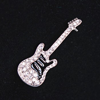 CLEARANCE Brooch Guitar light grey metal, rhinestones and enamel 45×15mm +