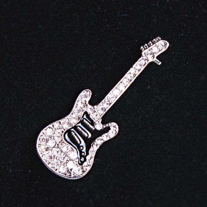 CLEARANCE Guitar Brooch, Light Grey Metal, Rhinestones and Enamel 45x15mm +
