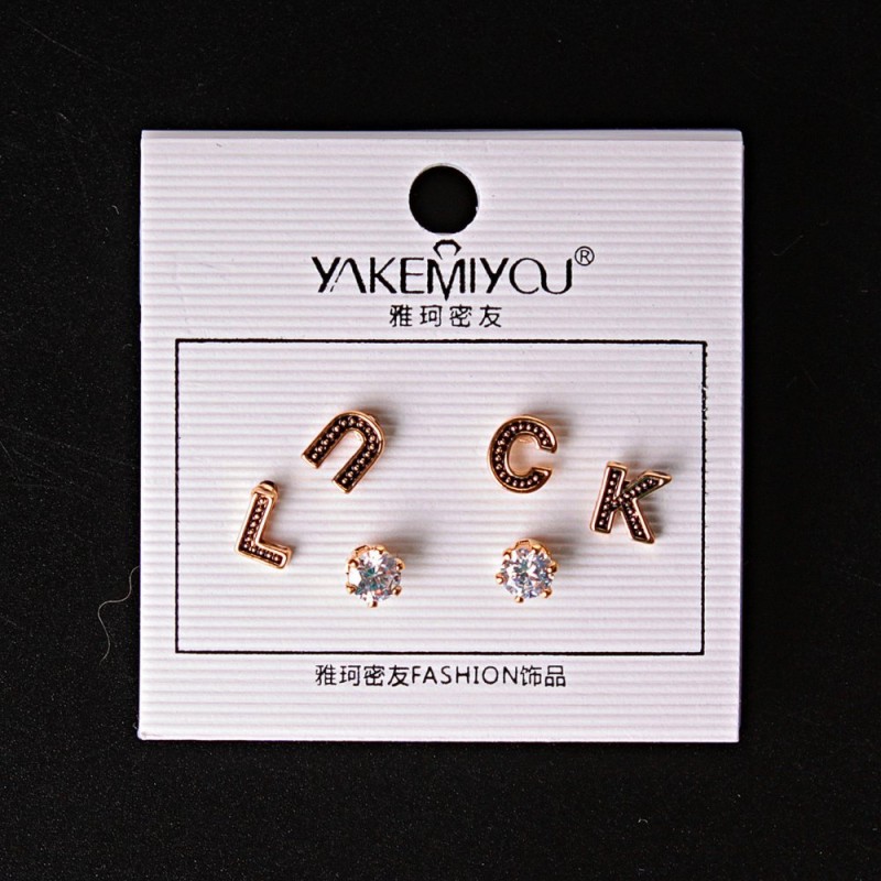 ( 5 mm ) Stud earrings with letter LUCK and crystal Gold