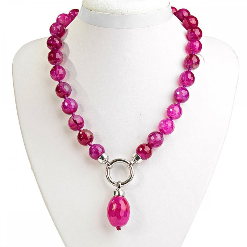 Rose Quartz Agate Bead Necklace with Baroque Pendant 14mm Bead and 40mm Barrel Pendant, 52cm Length