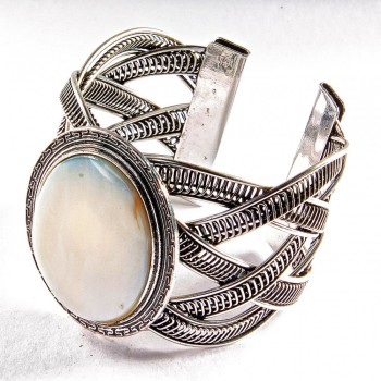 Bracelet, mother-of-pearl, wide, metal setting, Greek pattern, small oval