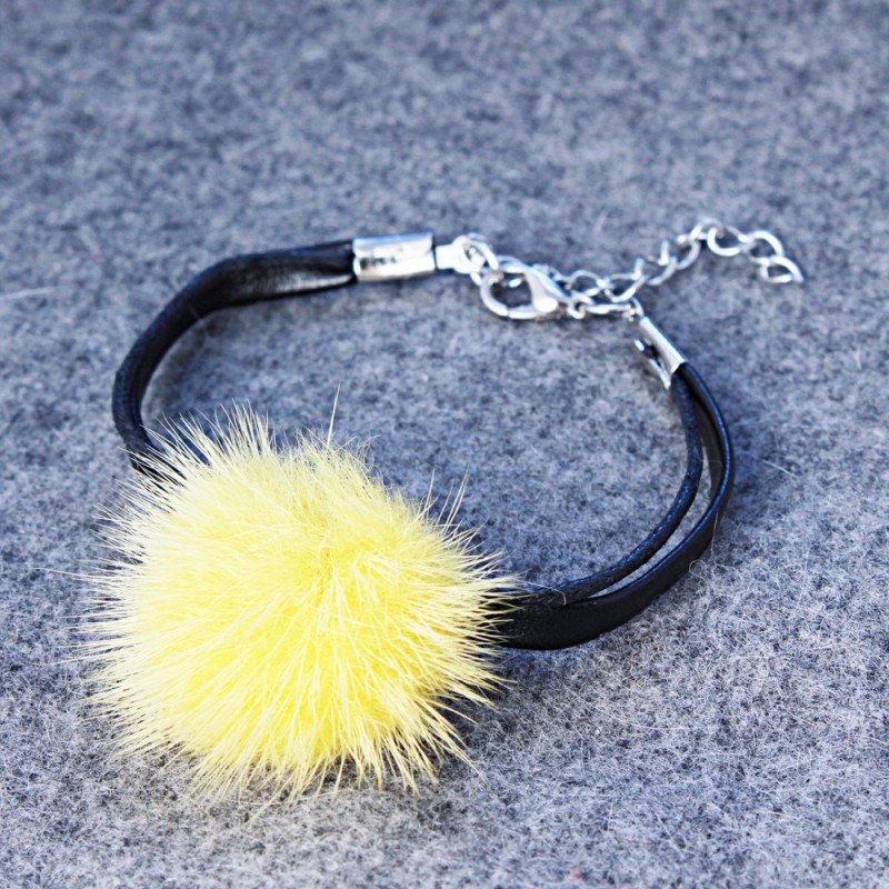 Bracelet leatherette faux leather Yellow natural fur