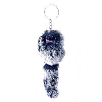 Pom Pom Keychain on Elastic Natural Fur Furred Animal 15 cm