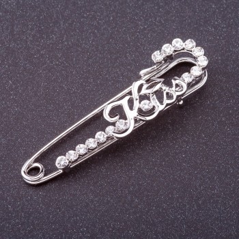 Sale! "Kiss" Pin Brooch, white rhinestones, silver colour, 5.5x1.5cm
