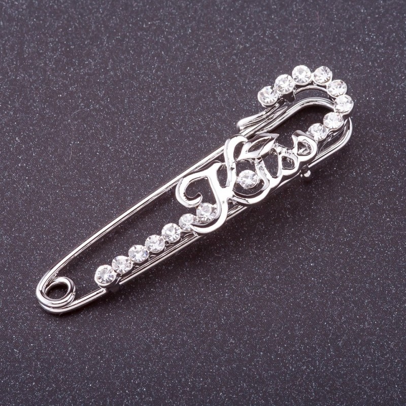 Sale! "Kiss" Pin Brooch, white rhinestones, silver colour, 5.5x1.5cm