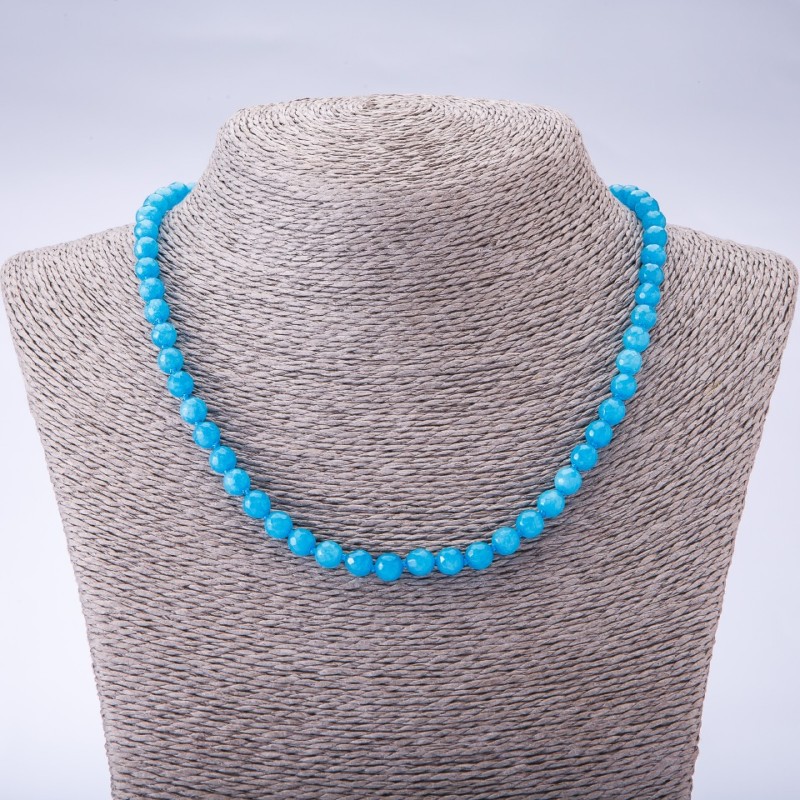 Natural Tinted Stone "Aquamarine" (Synthetic) Necklace, faceted round beads, 6mm diameter, 45cm length