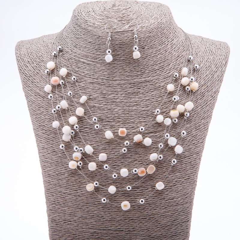 Earrings and Necklace Set "Strings of the Soul" white mother-of-pearl beads, diameter 7mm 5mm, length 46-50cm